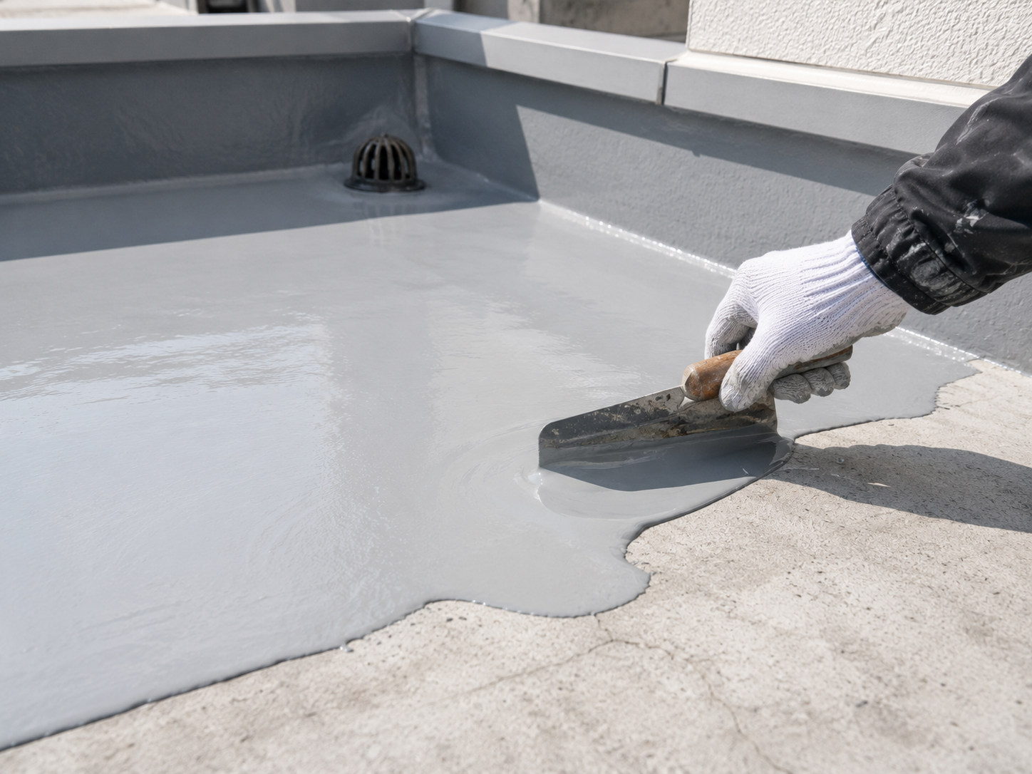 ベランダにウレタン防水材をゴムベラで塗り広げている手元(イメージ)