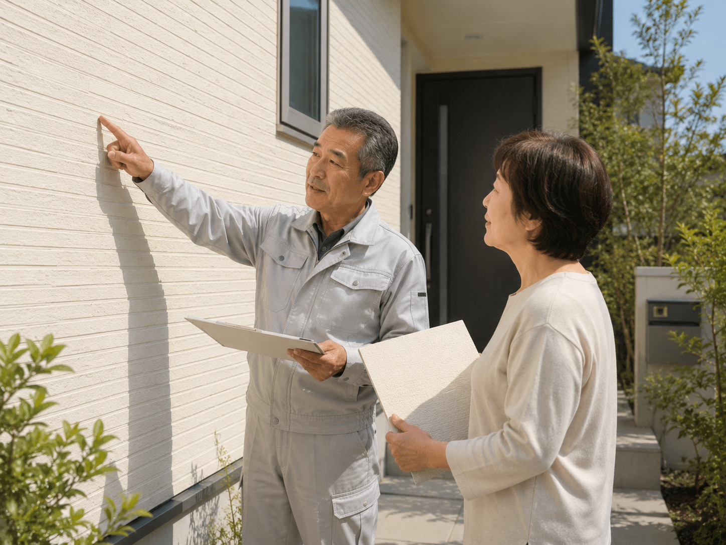 住宅の玄関先で、職人が住人に外壁を指差しながら説明している様子（イメージ）